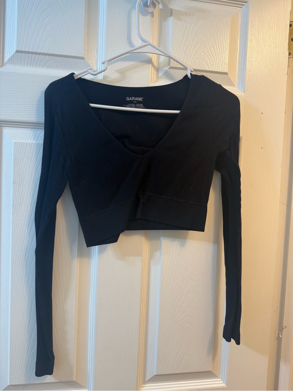 Garage Black Ribbed V-Neck Long Sleeve Cropped Top